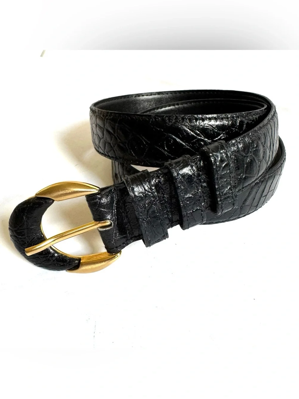 Vtg Pellateri Black Croc Embossed Leather Belt Women's M Made in Italy Classic